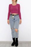 Time Style Bisiklet Yaka Crop Triko Fuşya - 971.1319.