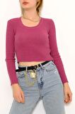 Time Style Bisiklet Yaka Crop Triko Fuşya - 971.1319.
