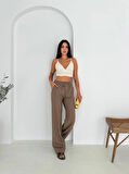 Kahverengi  %100 Pamuk Bağcıklı Geniş Paça Keten Pantolon