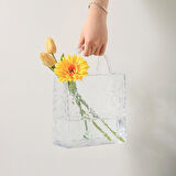 Çanta Vazo Köşeli Model Cam Çiçek Vazosu Dekoratif Şeffaf Vazo Büyük Boy Glass Bag Vase