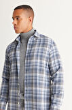 Erkek Mavi-Beyaz Slim Fit Dar Kesim Düğmeli Yaka Pamuklu Ekose Desenli Flanel Oduncu Gömlek