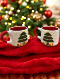 Yılbaşı Çam Ağacı Temalı Kırmızı Beyaz Renk Çay Kahve Fincanı Kupa Mug El Yapımı