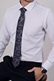 Gömlek Kravat Seti (Lacivert Şal Desenli Kravat & Beyaz Armür Slimfit Gömlek)