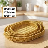İpek Yıldızı® İç İçe Geçebilen 3’lü Oval Plastik Rattan Tepsi Seti–Hasır Görünümlü Çok Amaçlı Servis ve Sunum Tepsileri