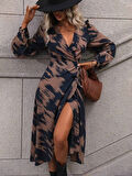 Kadın Uzun Kollu Kruvaze Yakalı Yandan Bağlamalı Desenli Mini Modal Elbise