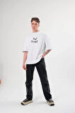 Unisex Bisiklet Yaka Baskılı Oversize Thirt  Beyaz