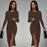 Kadın Uzun Kollu Yandan Büzgülü Yırtmaç Detay Kaşkorse Midi Boy Elbise