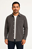 Erkek Fitilli Kadife Cepli Gömlek Oversize Rahat Kalıp  Füme
