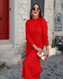 Kadın Uzun Kollu Yarı Balıkçı Yaka Arkadan Pencere Detaylı Bağcıklı Midi Triko Elbise