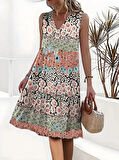 Kadın Kolsuz V Yaka çiçek Desenli Süprem Elbise