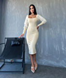 Kadın Kare Yaka Kolları anşet Ve Tül Detay Fırsat ürün idi Boy Elbise