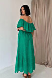 Yeşil Omzu Lastikli Brode Elbise