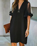 Kadın Tüllü Kısa Kollu V Yaka Krep Elbise