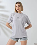 Unisex Bisiklet Yaka Baskılı lim Fit Thirt  Boyalı Gri