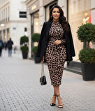 Kadın Uzun Kollu Balıkçı Yaka eopar Desenli idi Boy Elbise