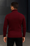 Erkek Balıkcı Yaka Bağazlı Triko Kazak Pamuklu Kalın Fitilli Dokuma, Regular Fit Uzun Kollu Kışlık odel  Bordo