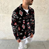 Erkek Yarım Fermuarlı Desenli Polar weat Tribal Etnik Desen Yakalı, Uzun Kollu, Oversize Rahat Kalıp,  iyah