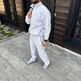 Erkek Çift Şeritli Eşofman Takım Dik Yaka Fermuarlı weatshirt Boru Paça Alt, Oversize 3 Iplik Pamuklu  Gri