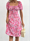 Kadın Kısa Kollu ini çiçek Baskılı Bağcık Detay üprem idi Boy Elbise