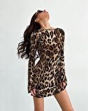 Kadın Uzun Kollu ırtı Açık Bağlamalı eopar Desenli Kısa Dalgıç Elbise