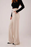 Yüksek Bel Bol Paça Krep Krem Pantolon
