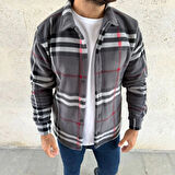 Erkek Ekose Desenli Düğmeli Polar Yakalı Uzun Kollu Gömlek Oversize Rahat Kalıp  Füme