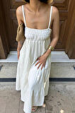 Ekru Askılı Parçalı Müslin Elbise