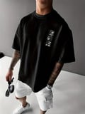 Baskılı Oversize Bisiklet Yaka Tshirt  iyah
