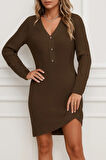 Kadın Uzun Kollu V Yakalı önden Düğmeli Kısa Triko Elbise