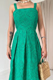 Yeşil Askılı Aparatlı Brode Elbise