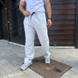 Erkek Üç İplik Kışlık Pamuklu Yandan Garneli Kalın Bej Şeritli Cepli Eşofman Altı  Gri