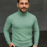 Erkek Balıkcı Yaka Bağazlı Triko Kazak Pamuklu Kalın Fitilli Dokuma, Regular Fit Uzun Kollu Kışlık odel  int Yeşili