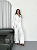 Yakalı Düğmeli Uzun Kollu Gömlek Pantolon Ikili Takım  Beyaz