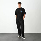 Unisex Bisiklet Yaka Baskılı Oversize Thirt  iyah