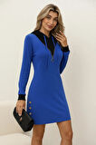 Kadın Uzun Kollu Kapşonlu önden Fermuarlı Düğmeli Mini Iki Iplik Elbise