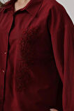 Boncuk Nakış Detaylı Uzun Gömlek  Bordo