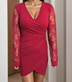 Kadın Uzun Kollu Kruvaze Yaka Beli Düğme Detay Krep Elbise