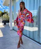 Kadın Göğüs Dekolteli Kolları Volan Detay Astarlı Tül Elbise