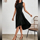 Kadın Sıfır Kollu Bisiklet Yaka Büzgülü Asimetrik Kesim Detaylı Janjan Krep Elbise