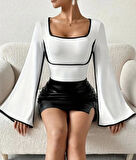 Kadın U Yaka iyah şerit Detyalı Yarasa Kol Dalgıç Kumaş Arabiyeli Bluz