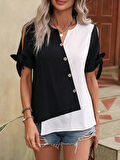 Kadın Kısa Kollu Kollardan Bağlamalı önden Asimetrik Kesim çift Renk Detaylı Düğmeli Ithal Krep Bluz