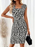 Kadın Kısa Kollu Kare Yakalı Leopar Desenli Dalgıç Elbise