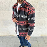 Erkek Desenli Polar Gömlek – Etnik Şerit Desen Yakalı, Uzun Kollu, Düğmeli, Oversize Rahat Kalıp  Füme