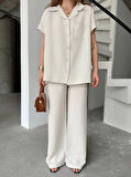 Keten Kısa Kollu Cepli Gömlek Pantolon Ikili Takım  Beyaz