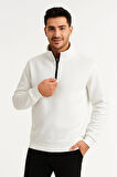 Erkek Dik Yaka weatshirt Dik Yaka Yarım Fermuarlı 3 İplik Şardonlu Pamuk Kumaş  Beyaz