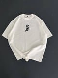 Baskılı Oversize Bisiklet Yaka Tshirt  Beyaz