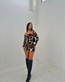 Kadın adonna endil Yaka Leopar Desen ini Elbise