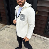 Erkek Polar Fermuarlı weatshirt – Kapüşonsuz, Cepli, Yumuşak Dokulu, Oversize Rahat Kalıp, Kışlık ıcak Tutan Fermuarlı Üst  Beyaz