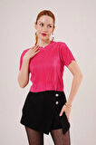 Fitilli Kısa Kollu Parlak Fuşya Bluz