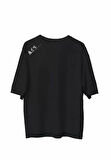 Unisex Bisiklet Yaka Baskılı Oversize Thirt  iyah